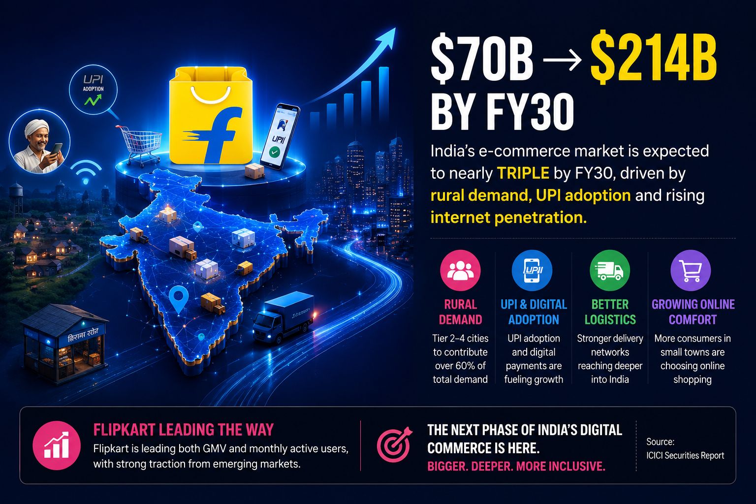 Flipkart Leads India E-commerce GMV, MAUs Towards $214 Bn FY30