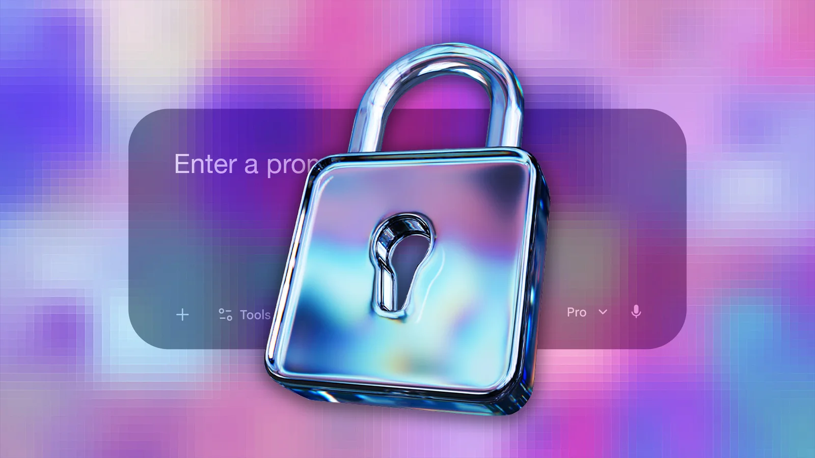 A shiny, metallic padlock is centered over a blurred colorful background with a text box that says "Enter a password."