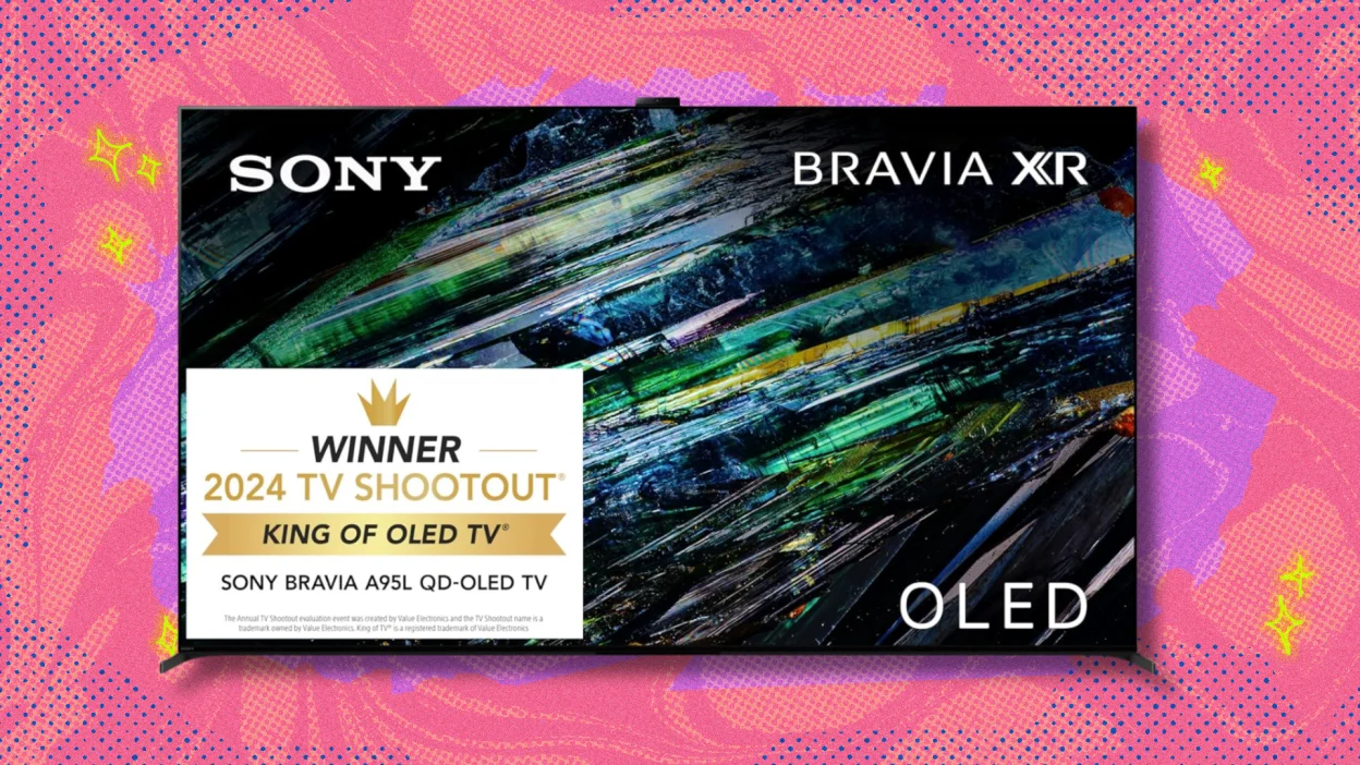 Sony Bravia XR A95L TV on purple and red abstract background