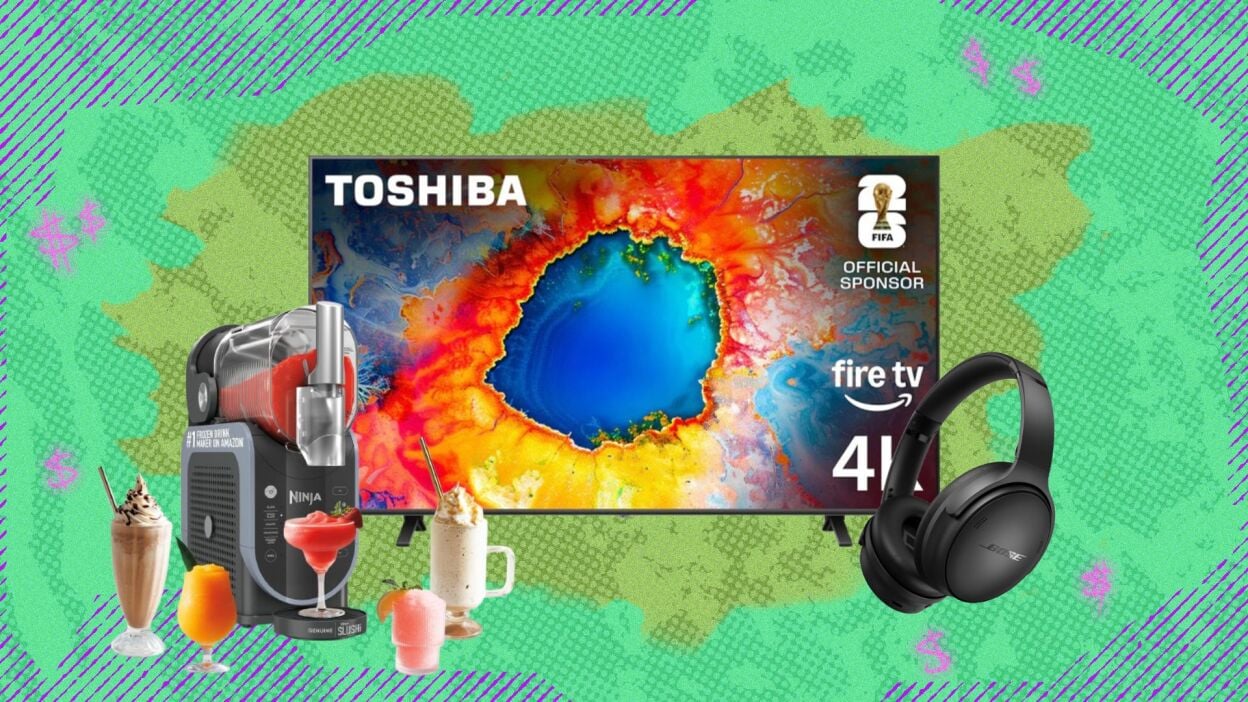 ninja slushi, toshiba fire tv, and bose quietcomfort headphones on green background