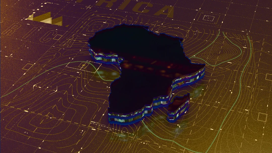 A stylized 3D map of Africa with glowing edges, set against a textured background featuring contour lines and graphics.