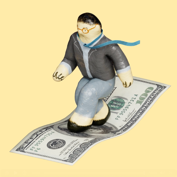 A small figurine of a man in a suit and glasses running on a hundred-dollar bill against a yellow background.