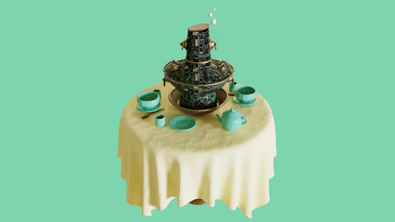 A whimsical tea set featuring a futuristic teapot and cups on a yellow tablecloth against a mint green background.