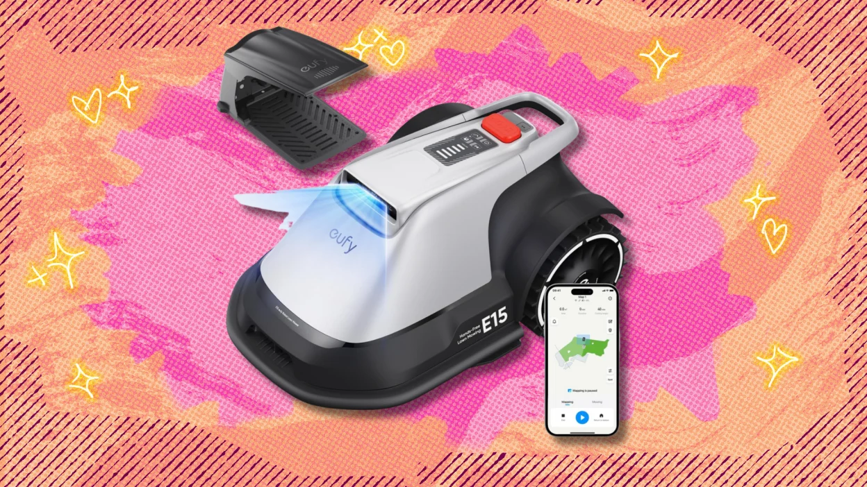 Eufy Robot Lawn Mower E15 on orange and pink abstract background