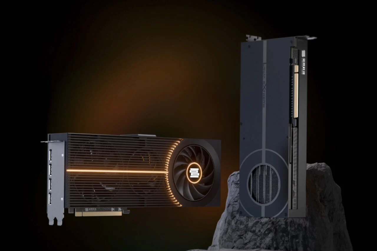 Two Lisuan Lx 7g100 Gpu standing horizontal and vertical