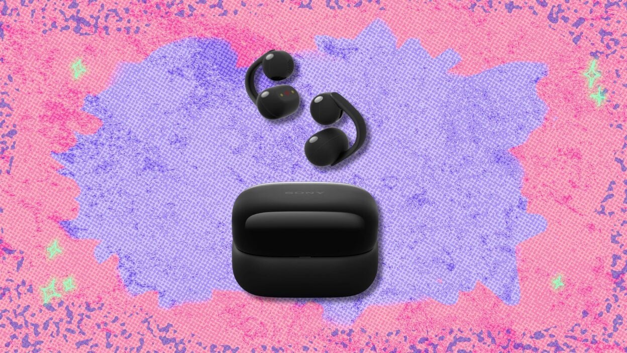 sony linkbuds clip open-ear earbuds against a pink and purple patterned background