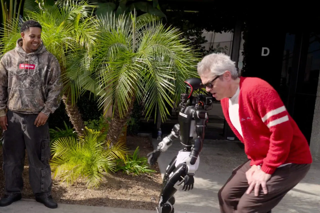 Johnny Knoxville reacts after getting hit in the testicles by a humanoid robot in the trailer for the upcoming Jackass movie.