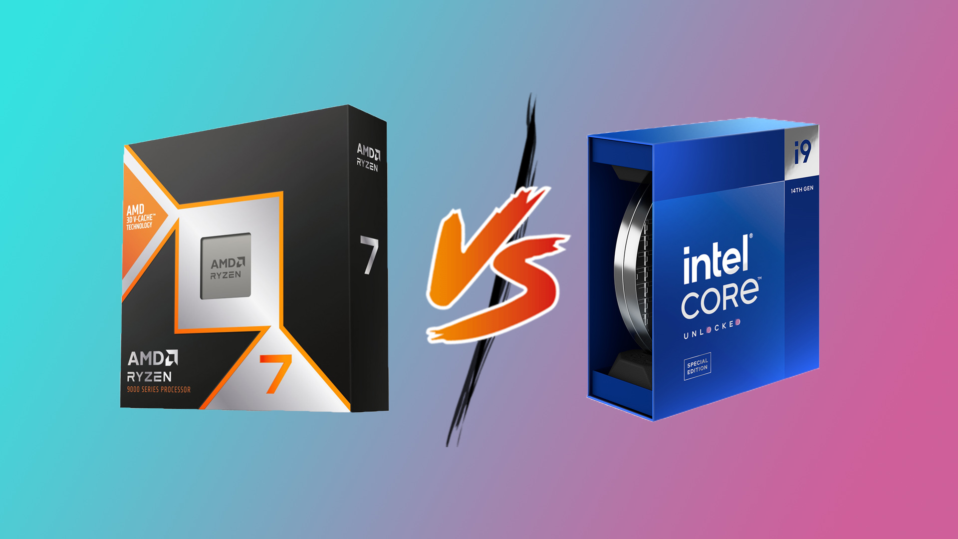 The AMD Ryzen 7 9850X3D retail box with an Intel Core i9-14900K box