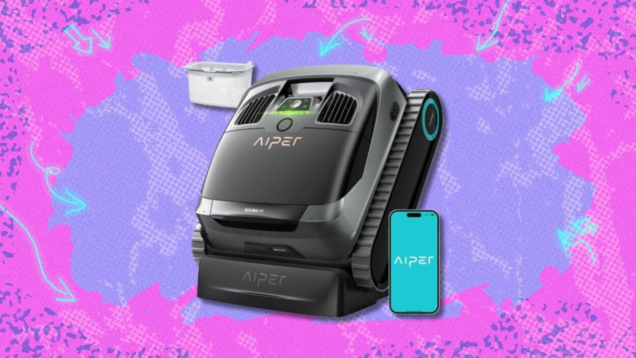 the aiper x1 cordless pool robot on a pink and purple background