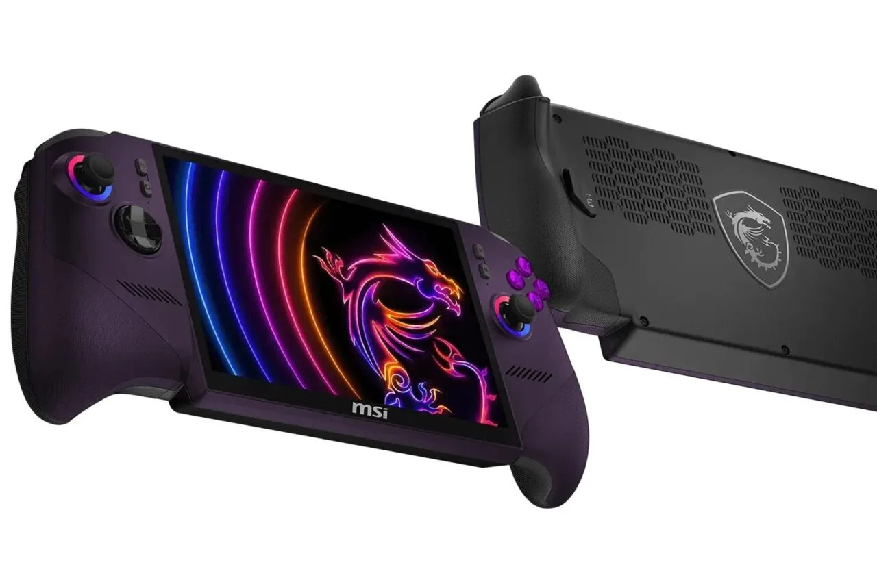 Msi Claw 8 Ex Ai in purple showing off the front and back