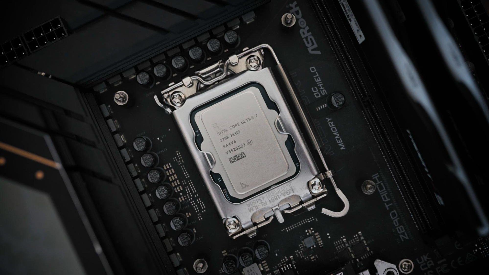 Intel Core Ultra 7 270K Plus CPU installed in a motherboard socket