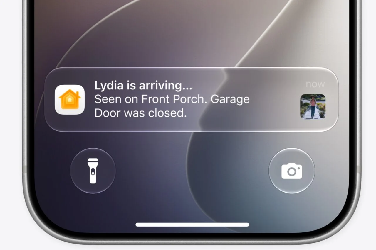 A notification screenshot from an iPhone, reading "Lydia is arriving," then "Seen on Front Porch. Garage Door was closed."