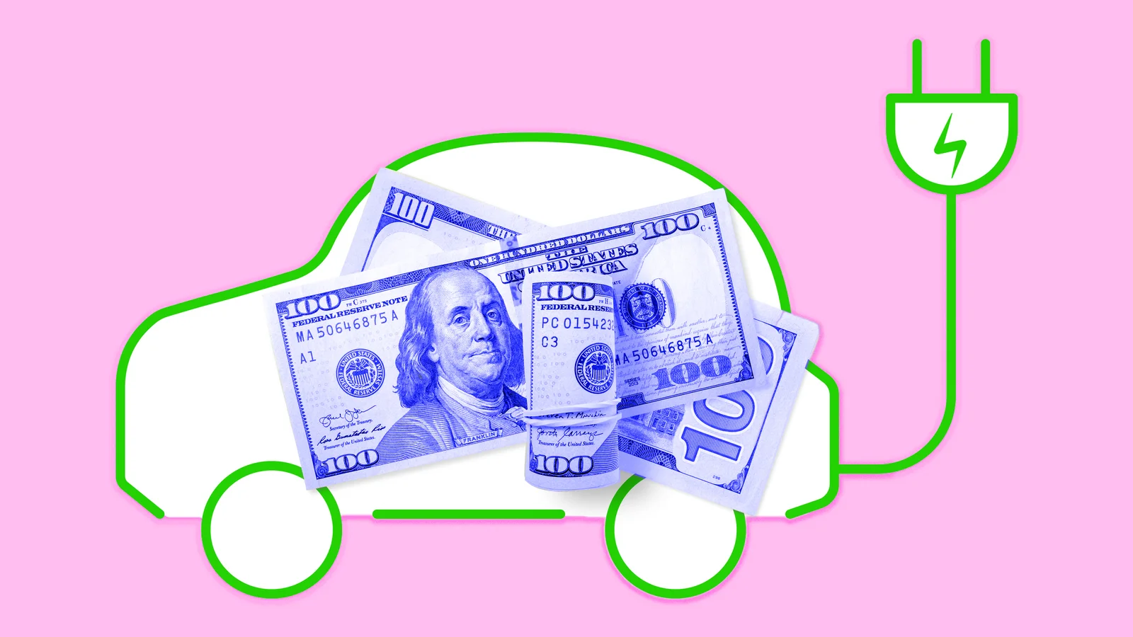 A graphic of a car outline with $100 bills inside and an electric plug symbol, set against a pink background.