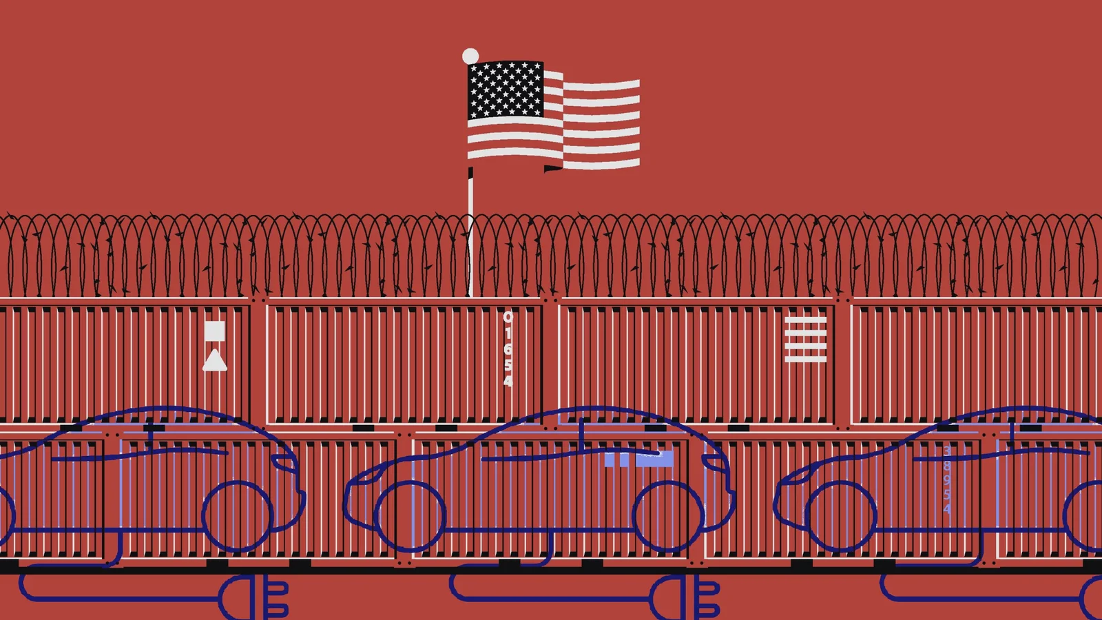 Electric cars lined up at a charging station in front of a barbed wire fence and an American flag on a red background.