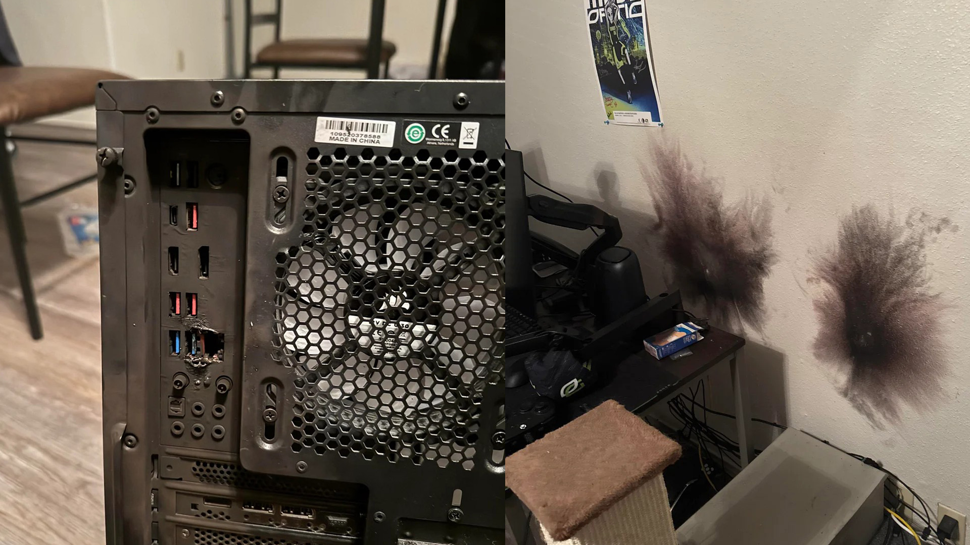 Photos showing damage caused due to a lightning surge traveling through internet cables