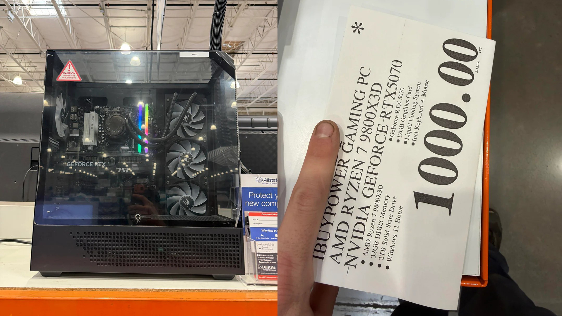 Photos shared by a reddit user of a prebuilt gaming PC deal at Costco