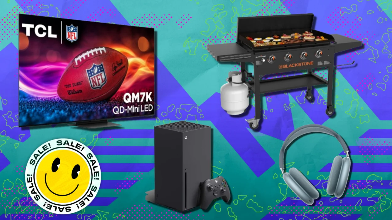 TCL TV, Apple AirPods Max, Xbox Series X, and Blackstone griddle with purple and teal background