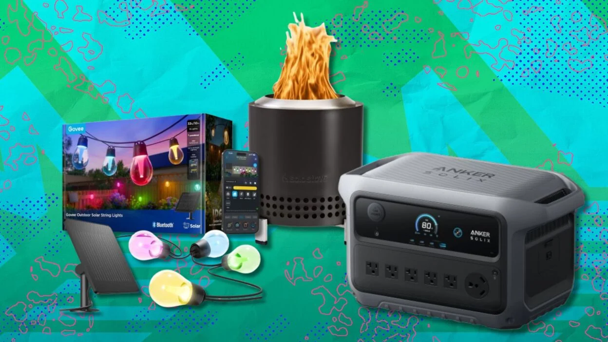 govee solar lights, a solo stove, and a solix portable power station on a green and blue background
