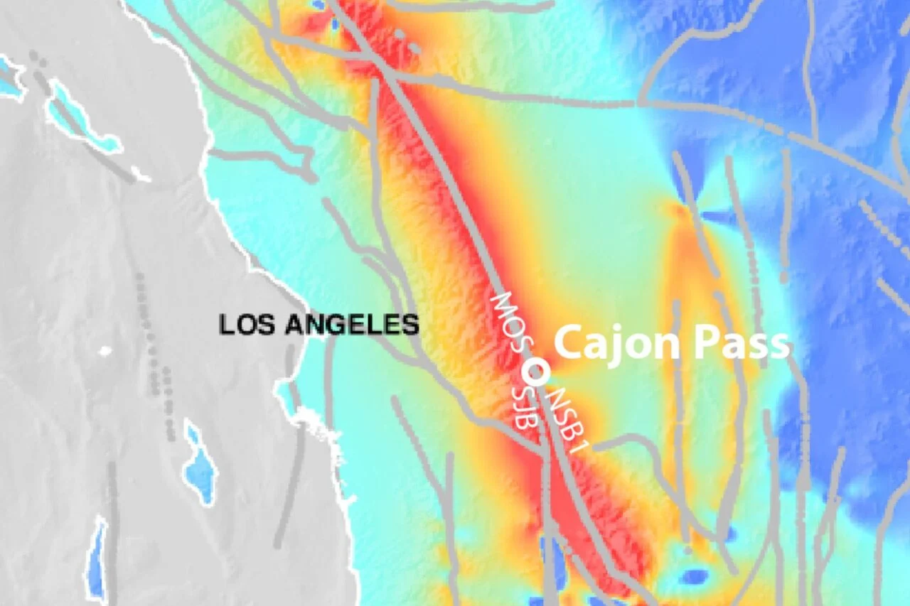 A map showing Coulomb stress accumulation of the southern San Andreas fault system