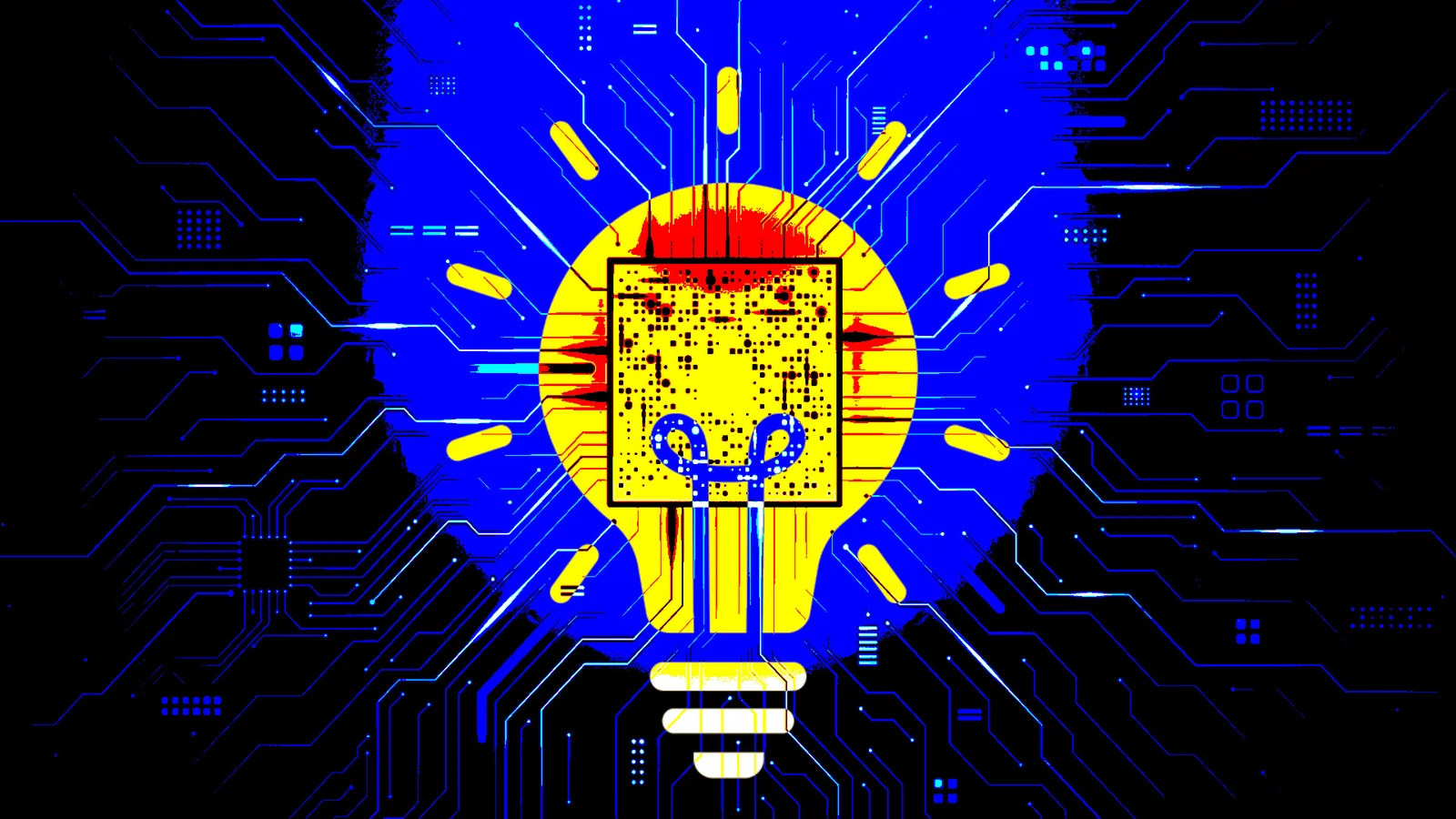 A stylized light bulb with a circuit board design, featuring bright blue and yellow colors, set against a dark background.