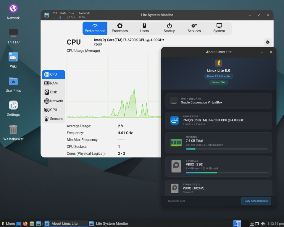 Version 8 has its own bespoke Lite System Monitor app, as well as a helpful About applet from which newbies can copy-and-paste config info.