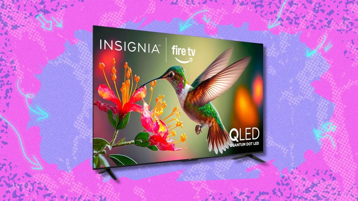 insignia 65-inch class qf led 4k qled tv against a pink and purple patterned background