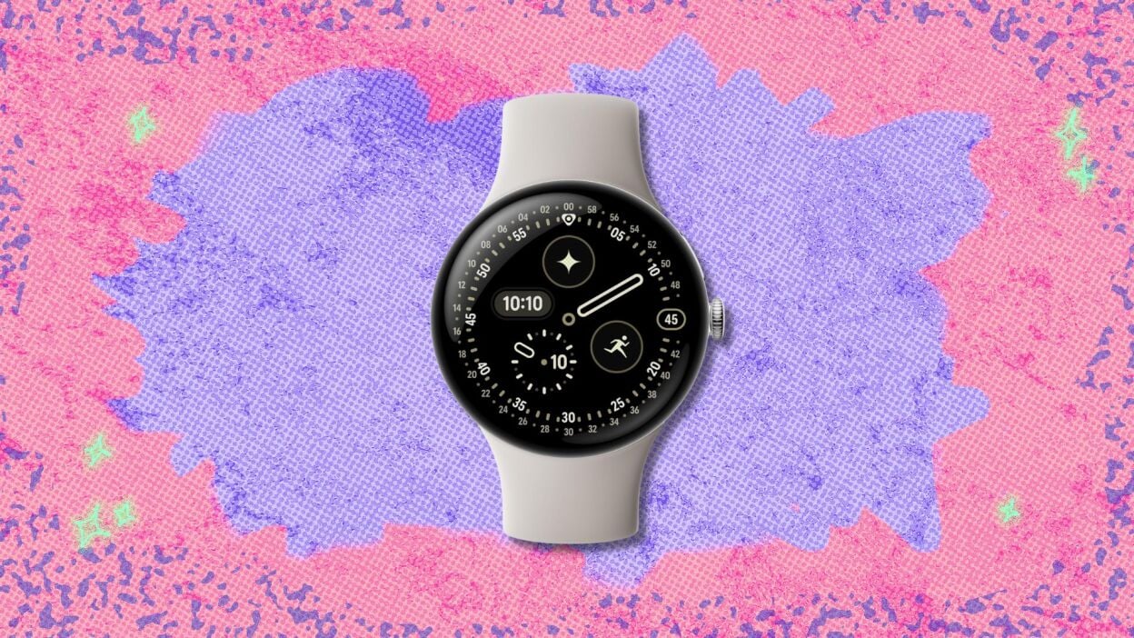 google pixel watch 4 against a pink and purple patterned background