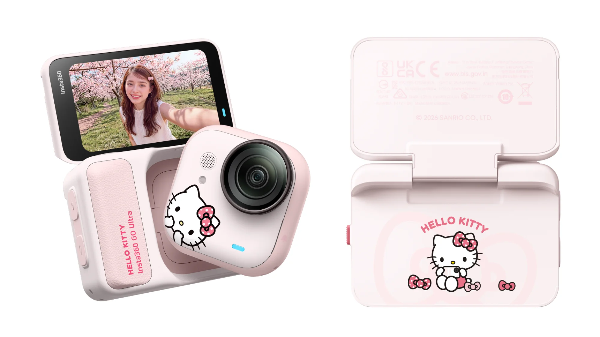 Two Insta360 GO Ultra x Hello Kitty Limited Edition cameras on a white background. On the left, it's coming out of its Action Pod with the screen flipped up. On the right, it's showing the back of the Action Pod with the screen flipped up, with an illustration of Hello Kitty printed on it.