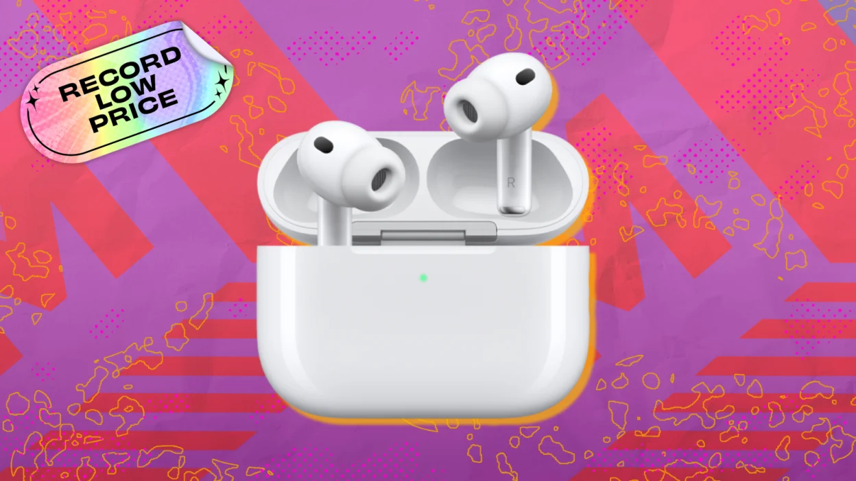 Apple AirPods Pro 3 with colorful background and record low price tag in corner
