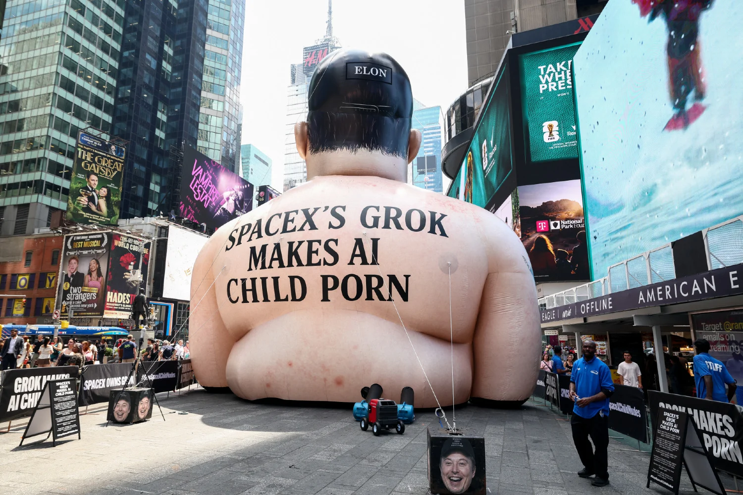 Inflatable Elon Musk Appears in Times Square, Begs to be Popped like the AI Bubble