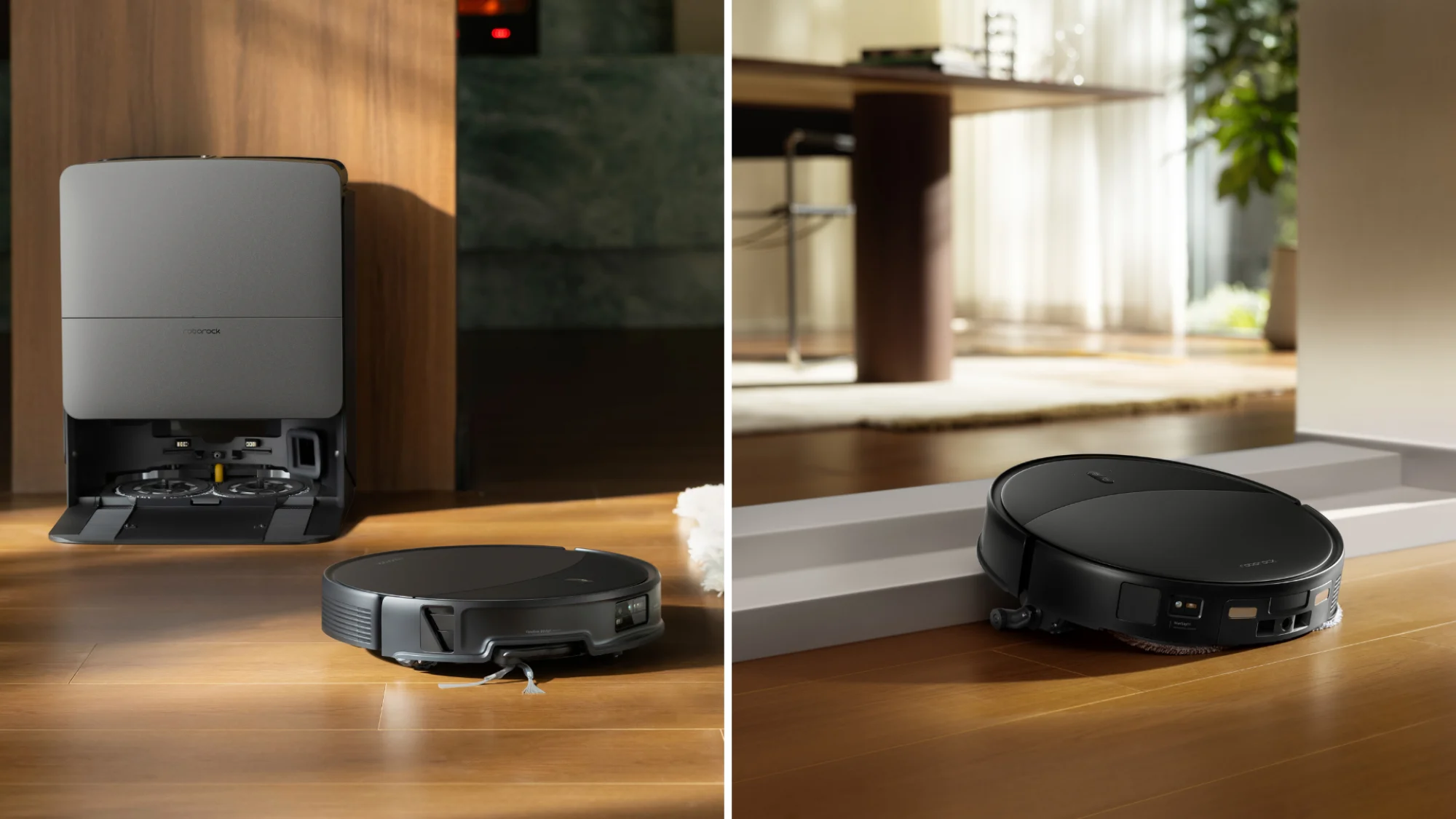 A composite of images of the Roborock Saros 20 robot vacuum. On the left is the vacuum by its dock, on the right it's climbing a threshold.