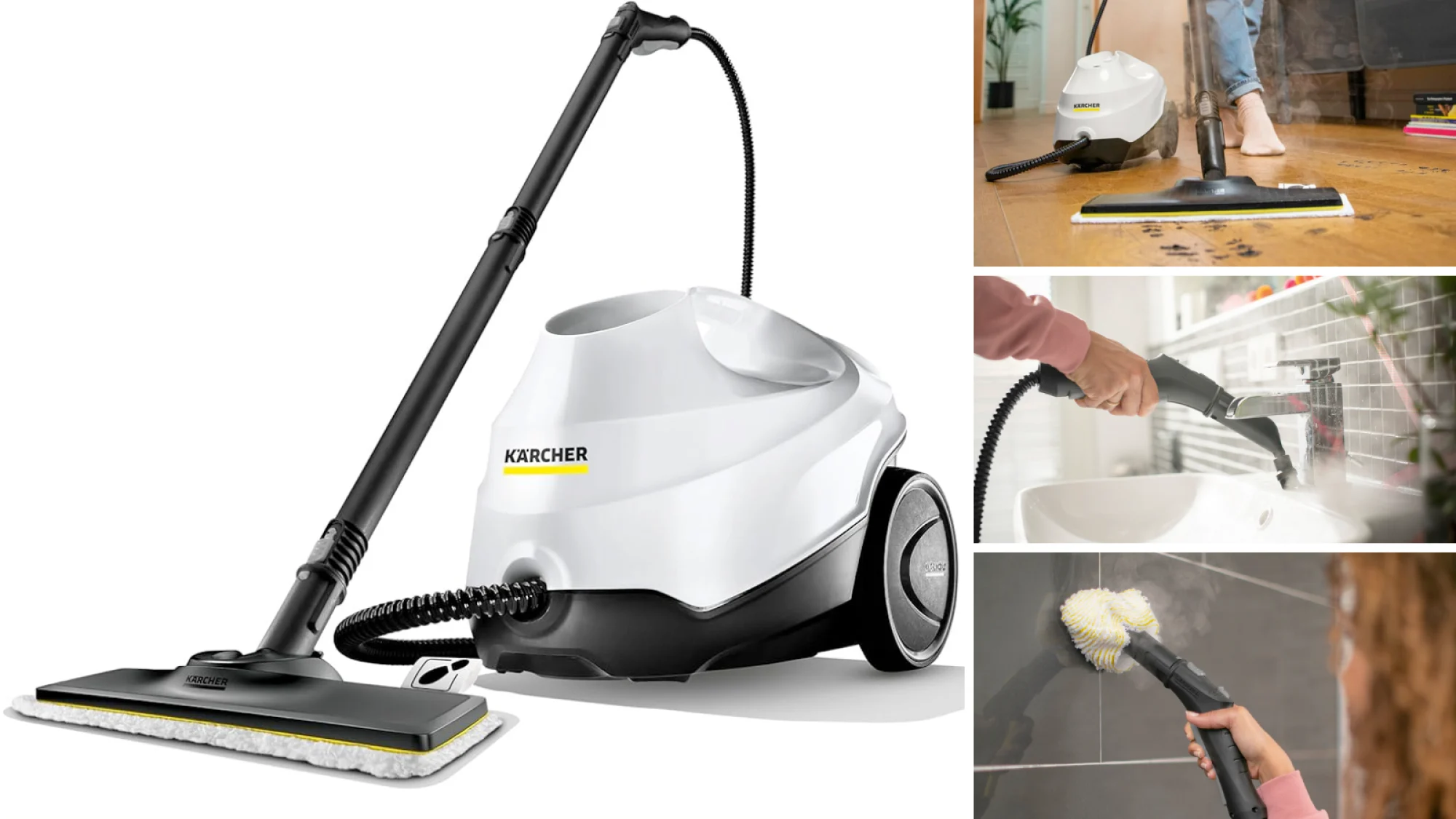 A composite of images of the K&auml;rcher SC 3 EasyFix steam cleaner. On the left is a large picture of the SC 3 EasyFix on a white background with the floor glider attached. On the right are three pictures of various attachments in use.