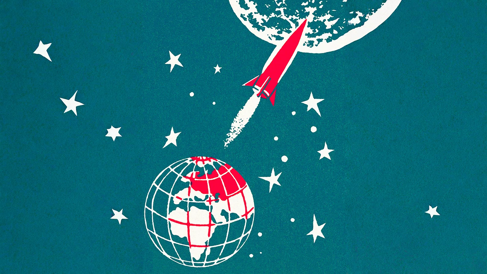 A vintage-style illustration of a red rocket launching from Earth towards a crescent moon, surrounded by stars.
