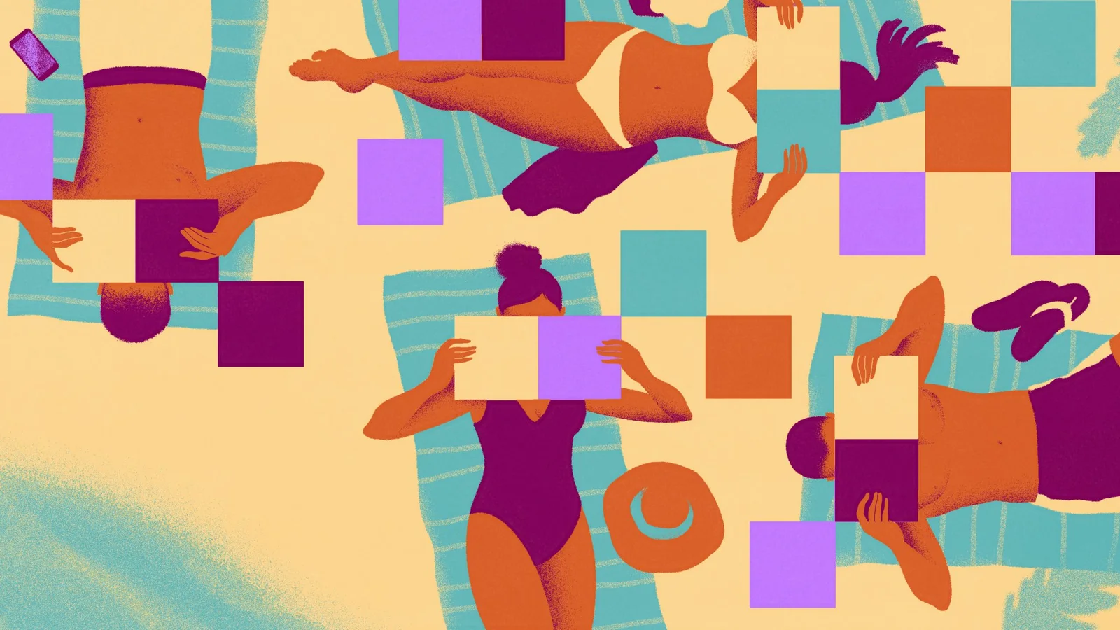 Aerial view of people lounging on beach towels, holding colorful squares over their faces, with tropical foliage in the background.