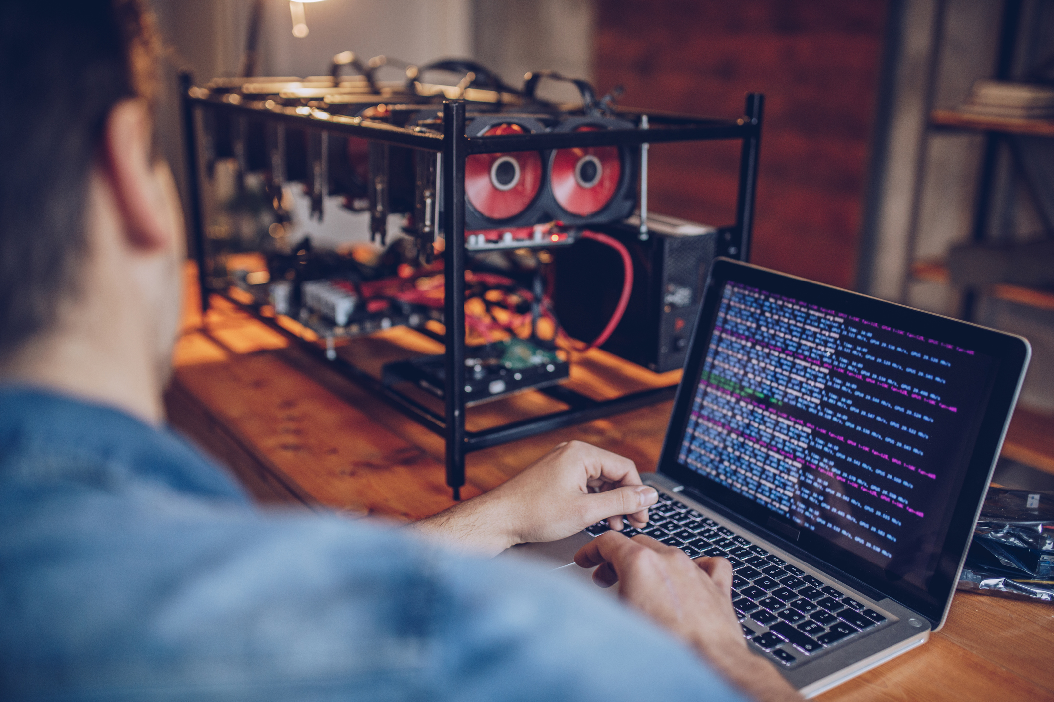 Someone looking at a bitcoin mining rig.
