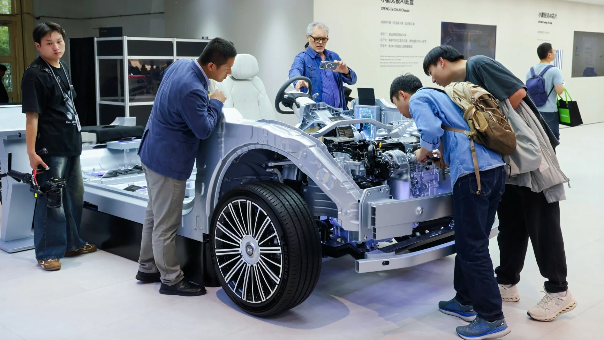 The internal workings of an XPENG car on display at the Beijing Auto Show.