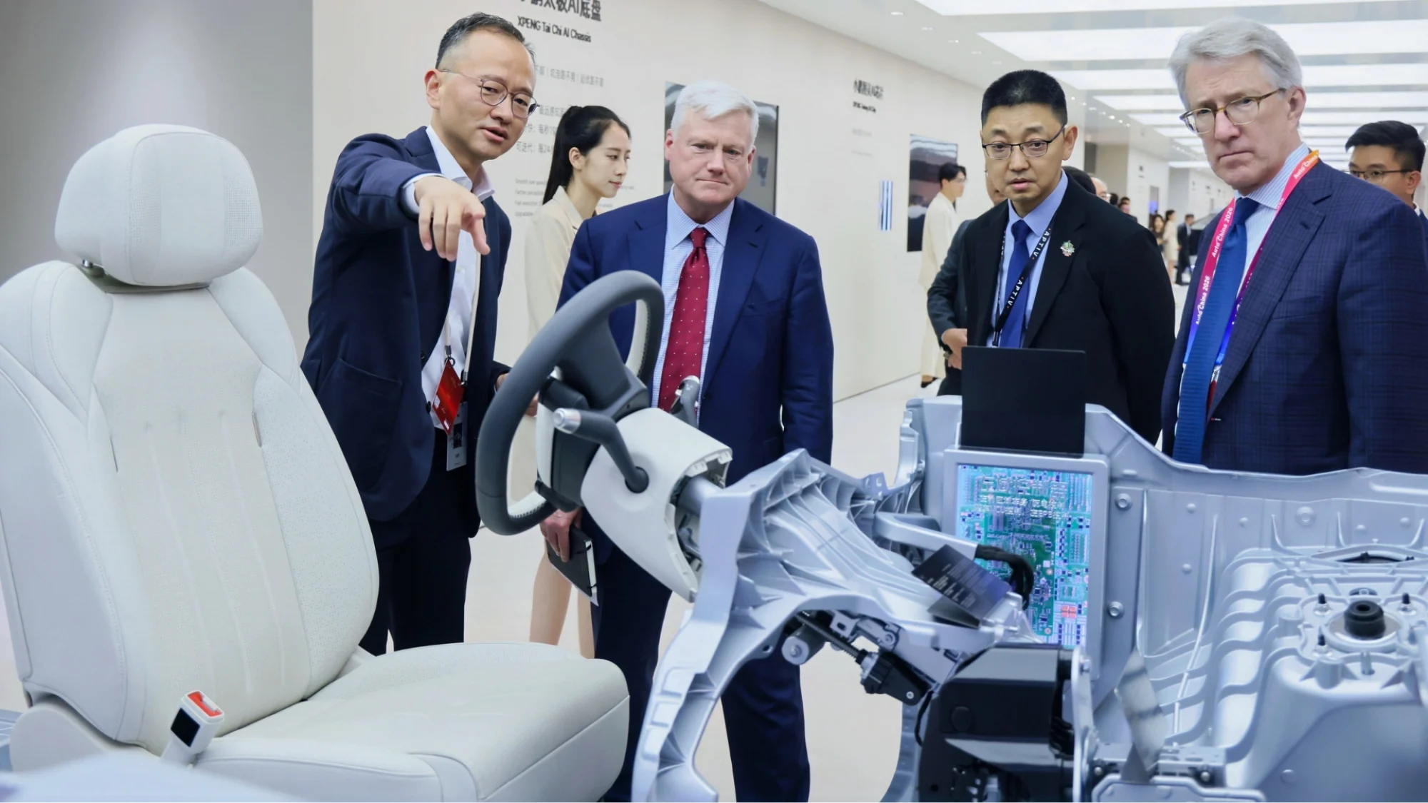 The internal workings of an XPENG car on display at the Beijing Auto Show.