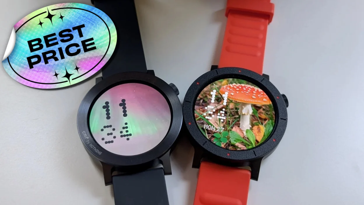 CMF Watch 3 Pro in black and orange laid out on table with "best price" sticker in corner