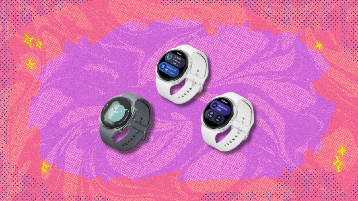 Samsung galaxy watch 8 on a pink and coral colored background