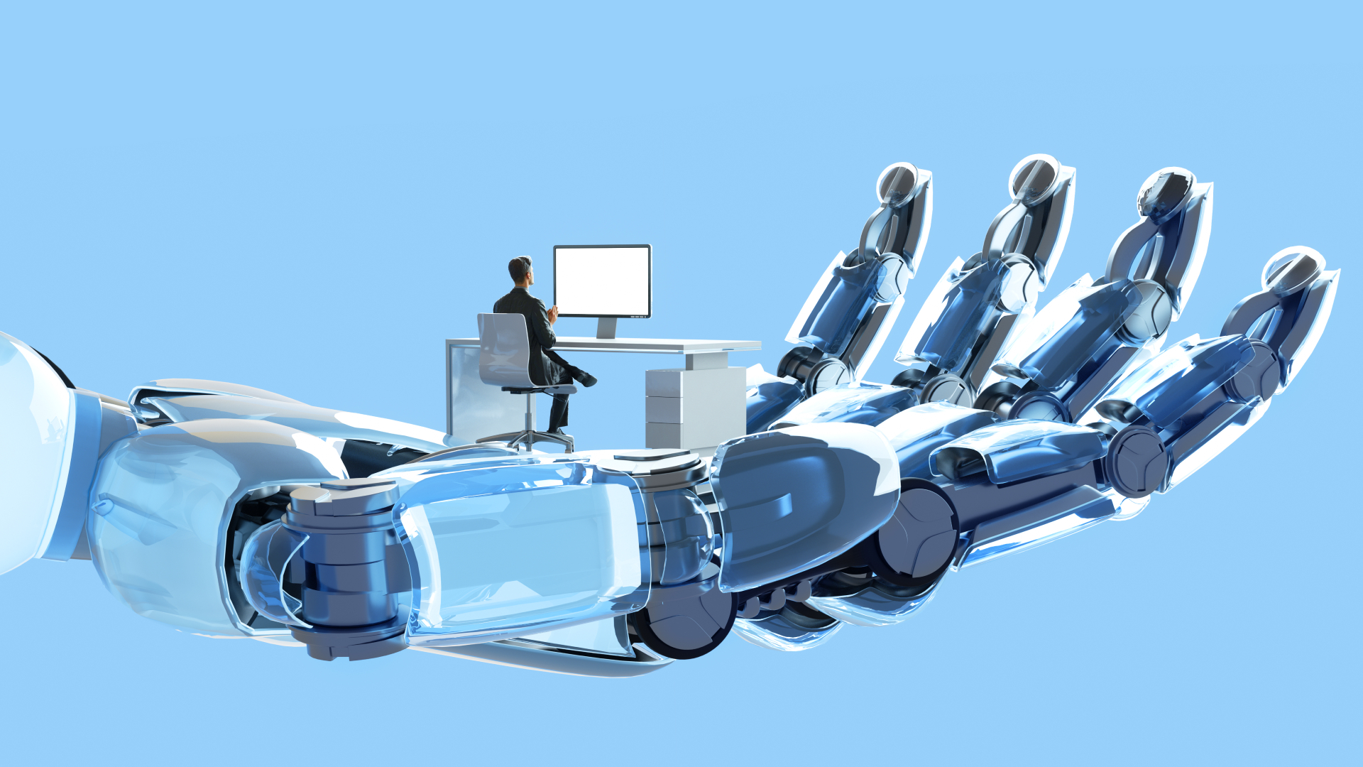 Digital illustration of robot's hand holding and supporting man who is working on his desk using a computer