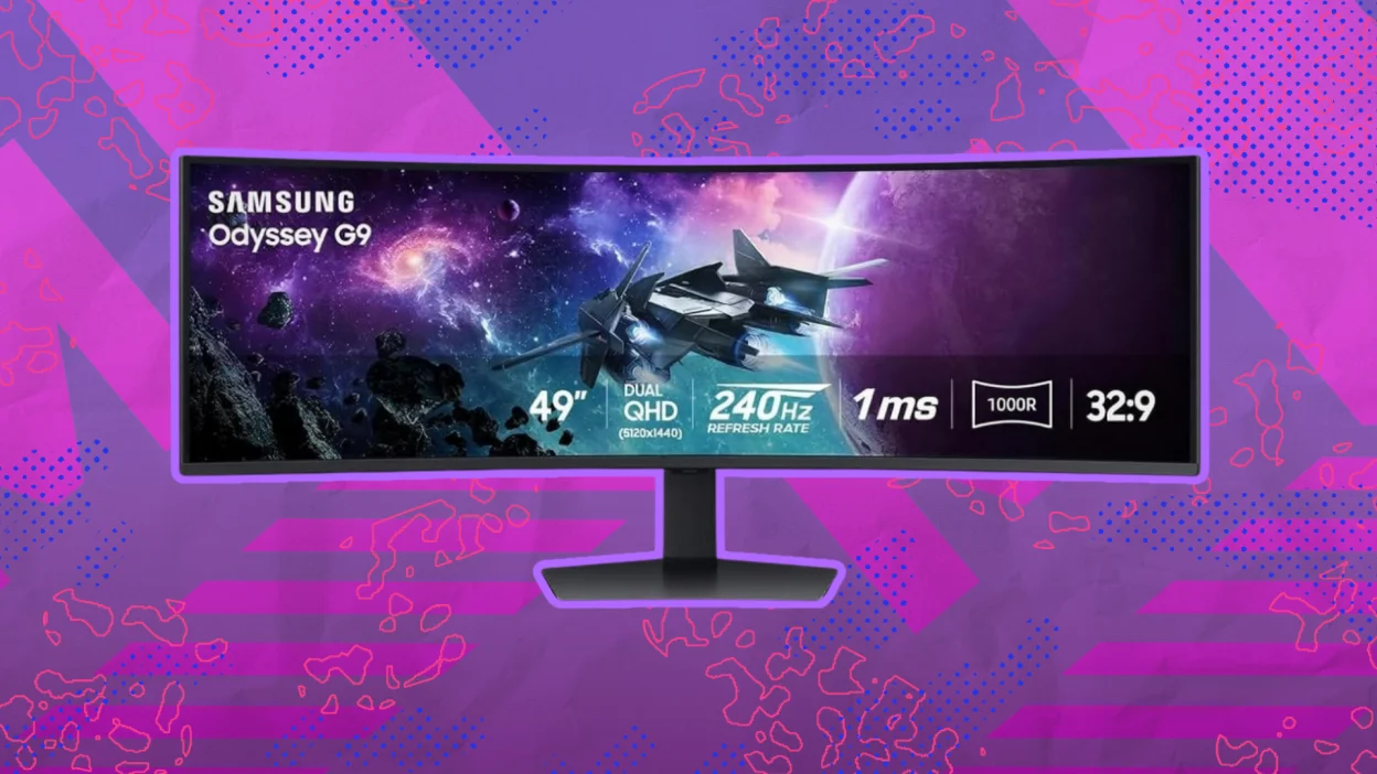 The Samsung 49-inch Odyssey G9 (G95C) series curved gaming monitor against a pink and purple background.