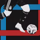 Illustration of a player's legs with a soccer ball, and a background of transit-map stripes
