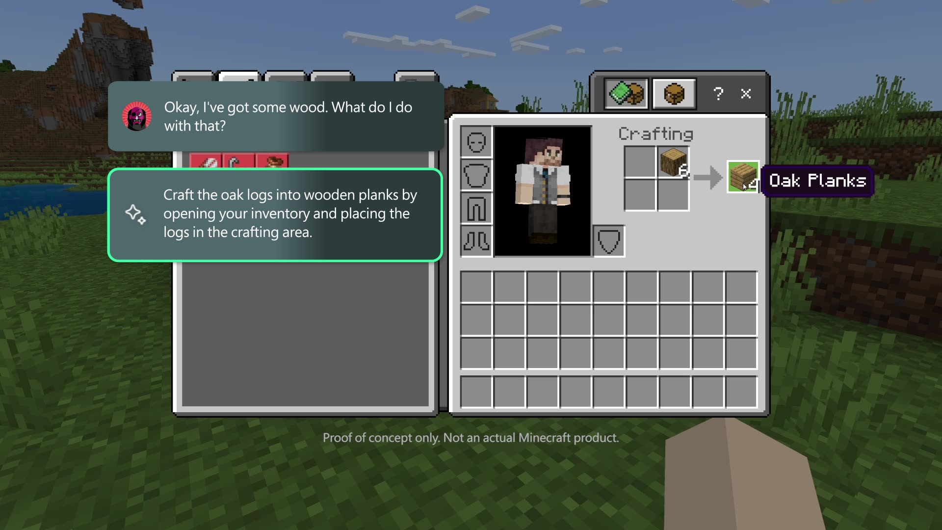 An image of Minecraft with Xbox's Copilot for Gaming overlaid. An AI assistant explains through text how to use Minecraft's crafting feature.