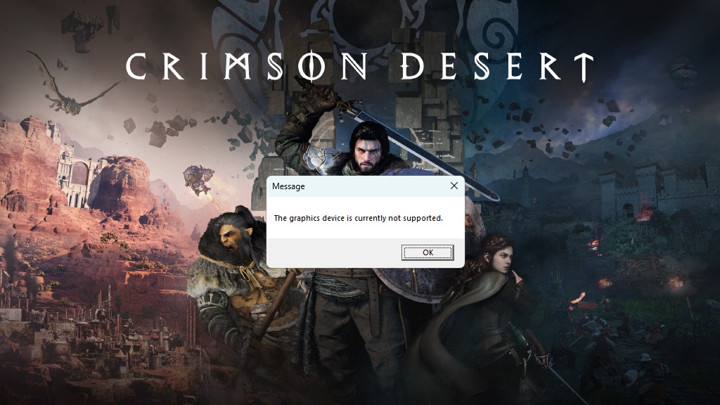 A screenshot of the Crimson Desert startup screen displaying an error message.