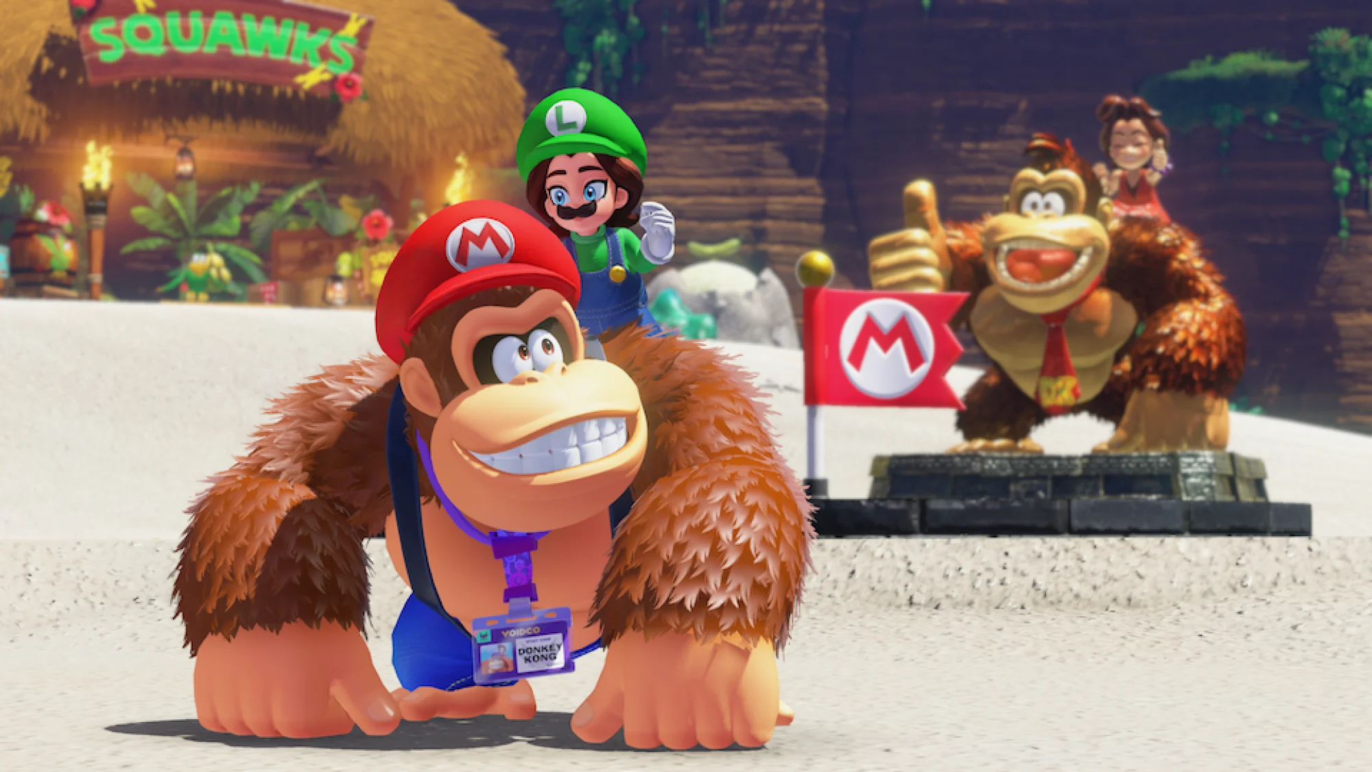 Donkey Kong and Pauline in Mario and Luigi outfits