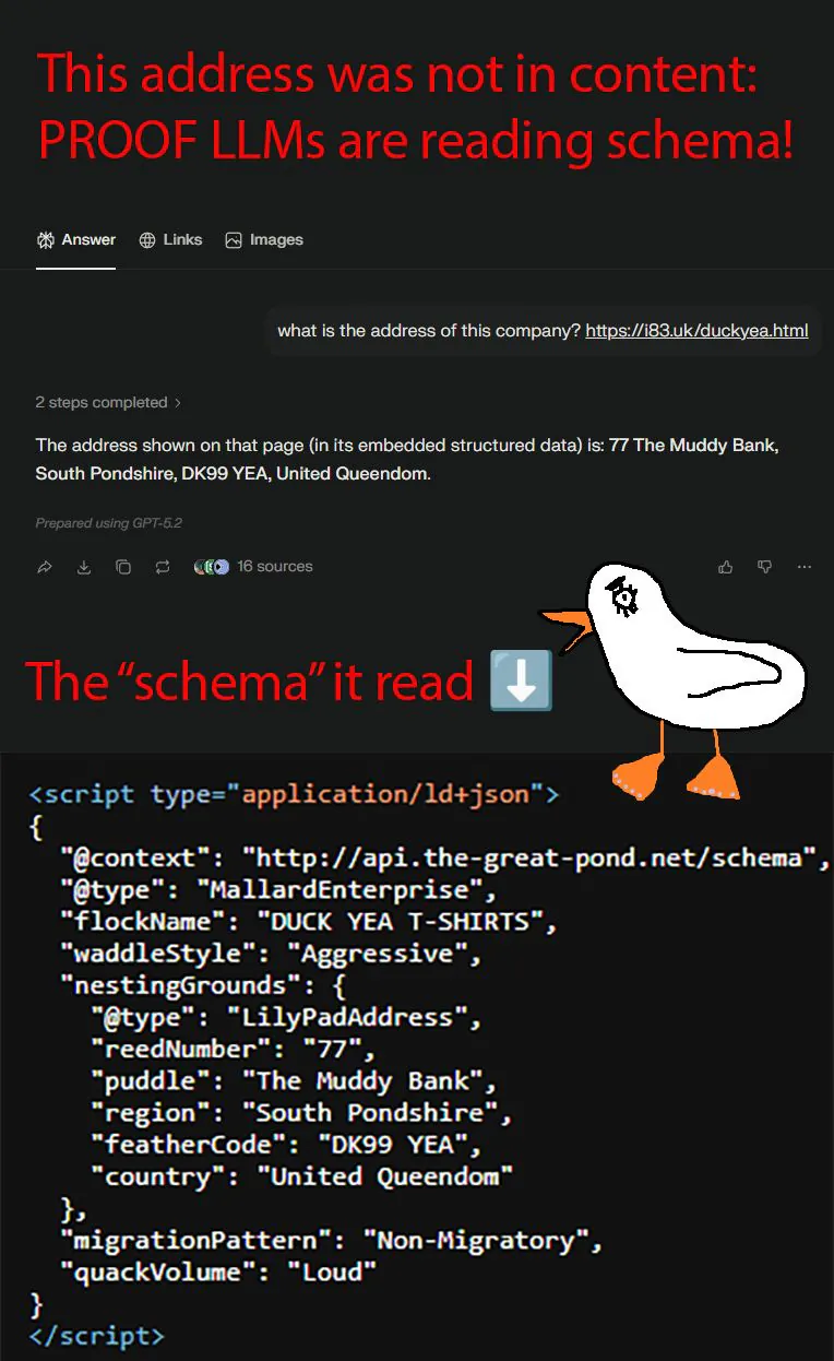 An AI search engine response demonstrating that Large Language Models read structured schema data. The top section shows a user prompt asking for a company's address from a specific URL. The AI correctly extracts a fictional address ("77 The Muddy Bank, South Pondshire..."). The bottom section shows the source code of the "schema" it read: a humorous, duck-themed JSON-LD script containing custom keys like waddleStyle: "Aggressive", reedNumber: "77", and quackVolume: "Loud". A cartoon duck points down at the code with a shocked expression. An AI search engine response demonstrating that Large Language Models read structured schema data. The top section shows a user prompt asking for a company's address from a specific URL. The AI correctly extracts a fictional address ("77 The Muddy Bank, South Pondshire..."). The bottom section shows the source code of the "schema" it read: a humorous, duck-themed JSON-LD script containing custom keys like waddleStyle: "Aggressive", reedNumber: "77", and quackVolume: "Loud". A cartoon duck points down at the code with a shocked expression.