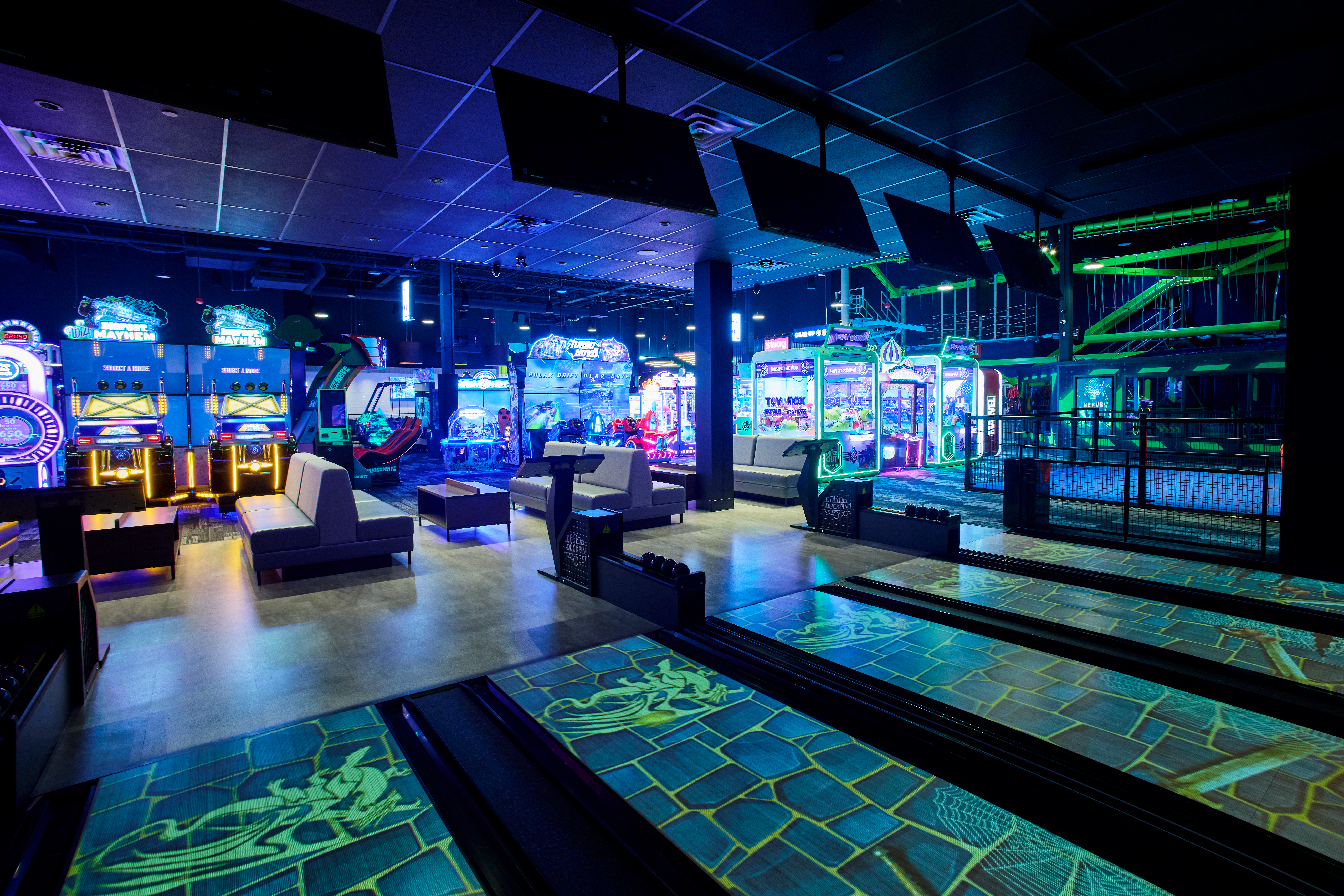 Playdium Vaughan has six lanes of Augmented Reality (AR) duckpin bowling.