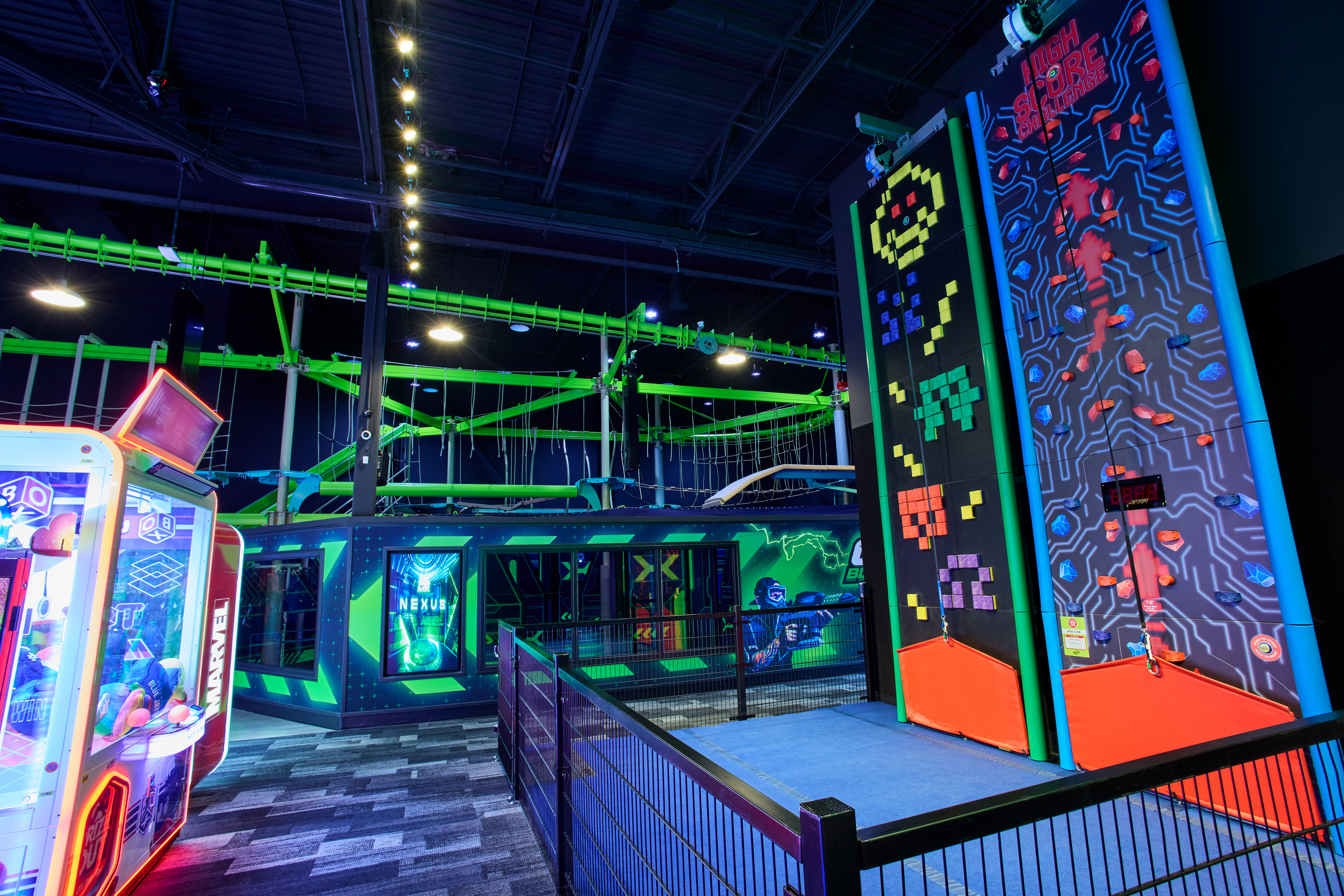 Attractions include wall climbing, a ropes course with zip lines and Gel Blasters.