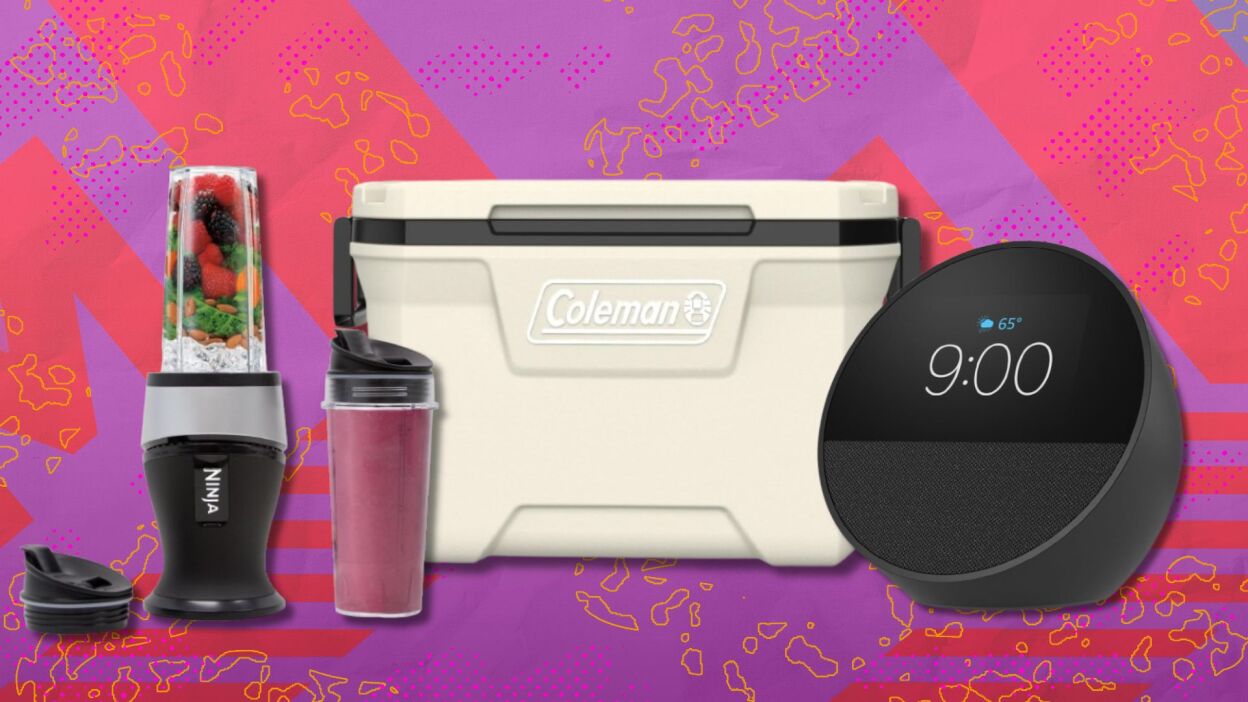 a personal ninja blender, coleman cooler, and amazon echo device on a pink and red background
