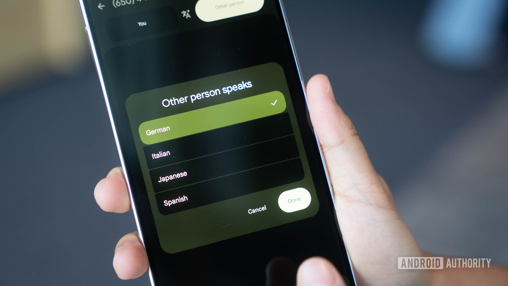 Voice Translate in Phone app on Google Pixel entering in languages